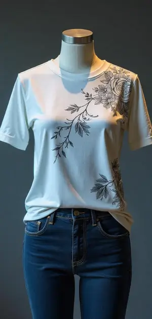 White T-shirt with black floral prints styled with blue jeans.