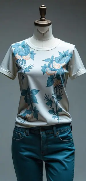 White T-shirt with blue floral prints, paired with blue trousers