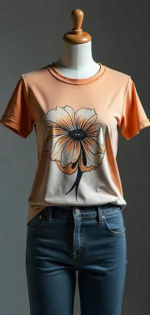Orange ombre T-shirt with a bold floral print, styled with jeans