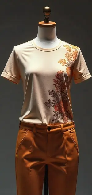 Beige T-shirt with floral prints paired with orange trousers