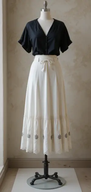 Detailed white skirts with lace accents, perfect for an elegant look.
