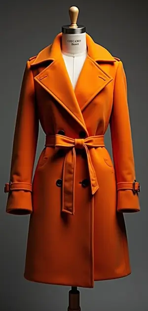 Burnt orange double-breasted trench coat.