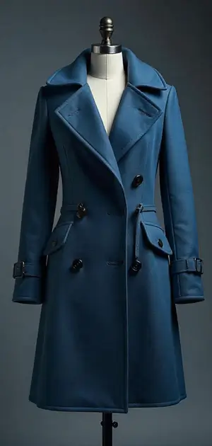Navy blue double-breasted trench coat.