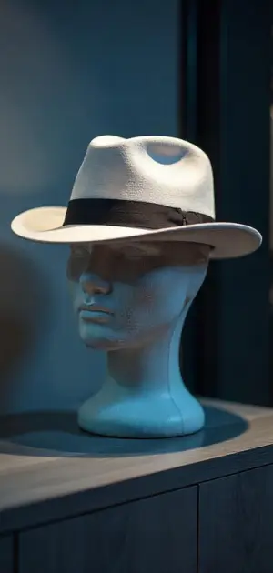 A white formal fedora with a black band on a mannequin.