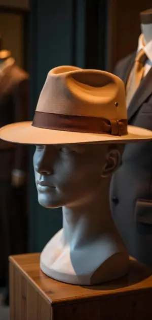 A beige fedora hat with a brown band on a mannequin.