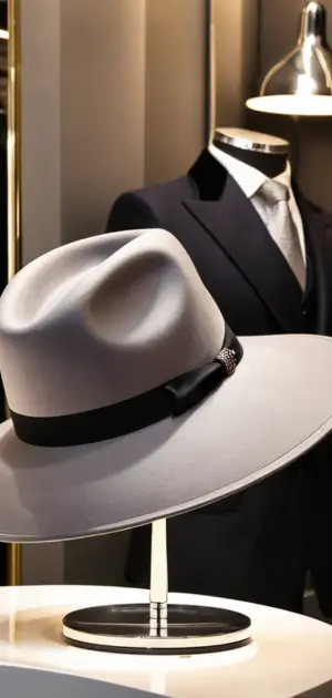 A wide-brim grey Hat with a black ribbon on display.