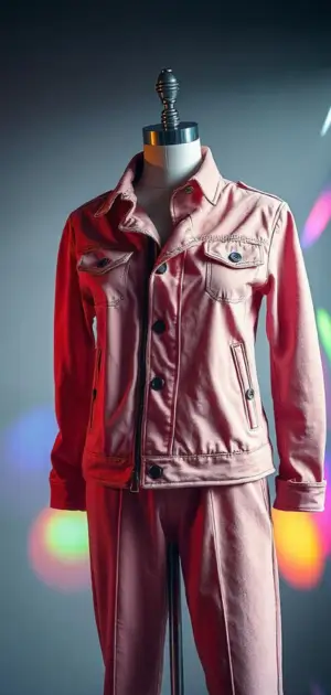 Dusty rose jacket with black buttons in a colorful ambient-lit setting