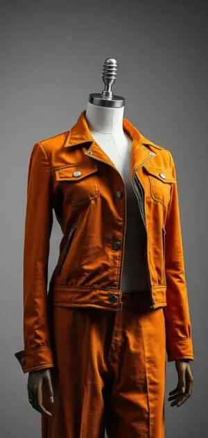 Burnt orange button-up jacket with silver details on a mannequin