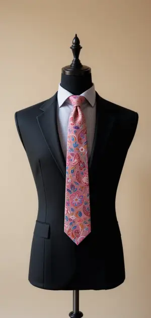 Black suit featuring a pink paisley tie and striped dress shirt.