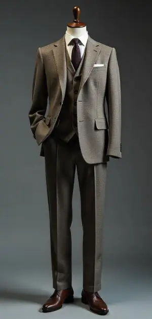 Brown three-piece suit with a dark tie on a mannequin.