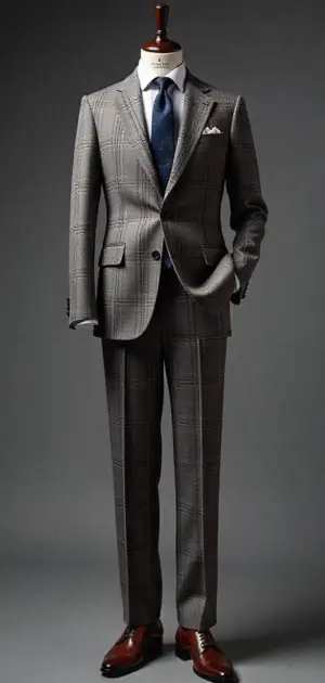 Grey plaid suit with a blue tie on a mannequin.