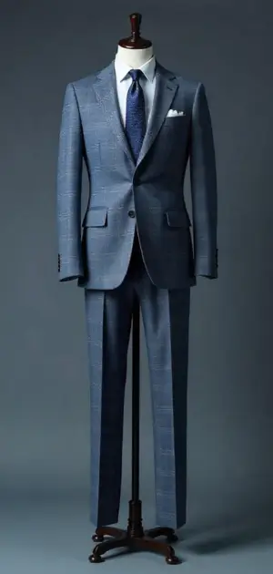Blue checkered suit with a white shirt and navy tie.