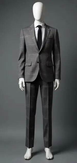Grey checkered suit with a black tie and white pocket square
