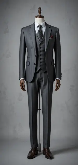 Dark grey three-piece suit with fine pinstripes on a mannequin.