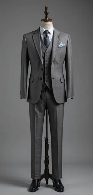 Light grey three-piece suit with a textured fabric on a mannequin.