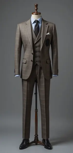 Brown three-piece suit with a subtle check pattern on a mannequin