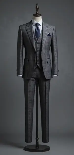 Dark grey checkered suit with a blue tie on a mannequin
