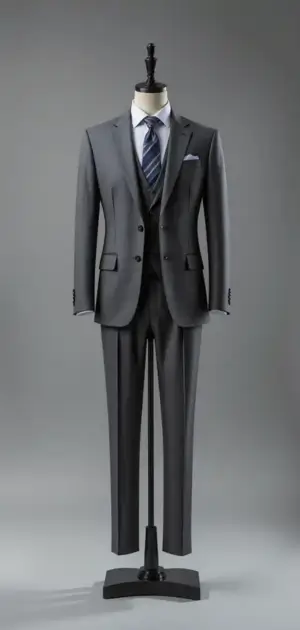 Light grey suit with a blue striped tie on a mannequin.