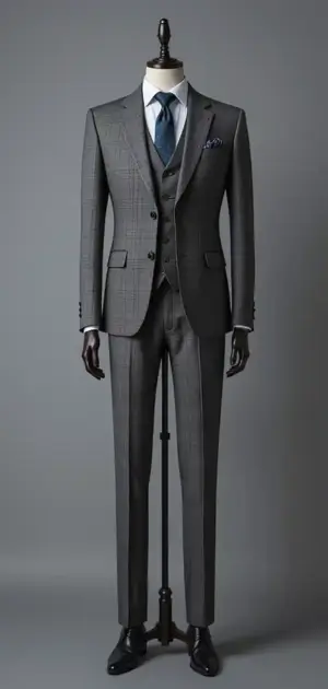 Grey plaid suit with a blue tie on a mannequin