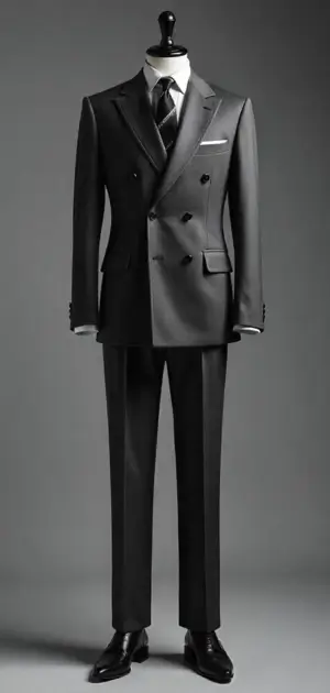 Sleek black double-breasted suit with a dark tie