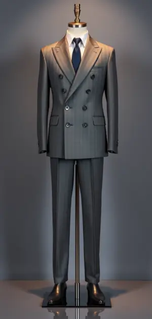 Charcoal grey double-breasted suit with a blue tie.