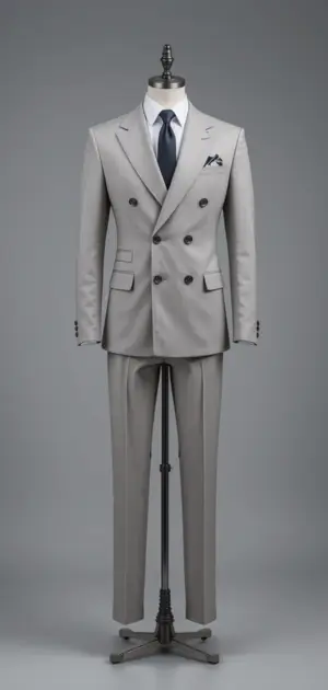 Light grey double-breasted suit with a blue tie.