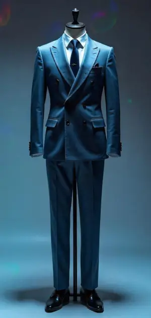Dark navy pinstripe three-piece suit with classic tailoring.