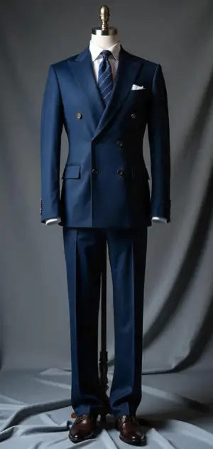Classic navy blue double-breasted suit with brown shoes on a mannequin