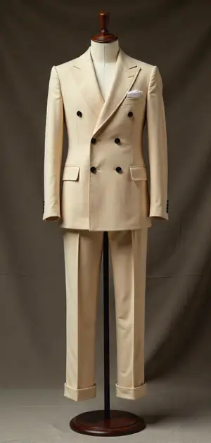 Cream double-breasted suit with a crisp white pocket square on a mannequin