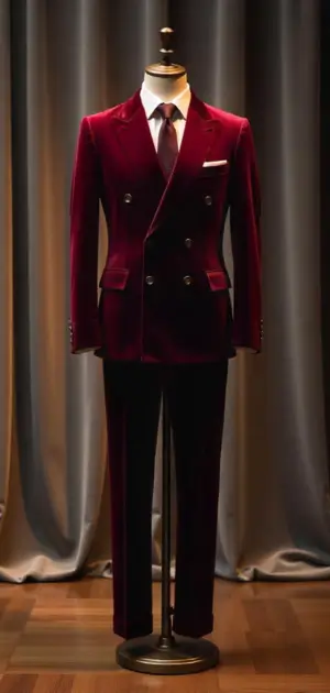 Deep red velvet double-breasted suit with a white pocket square on a mannequin.