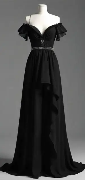Black off-shoulder maxi dress with delicate ruffles and silver embellishments.