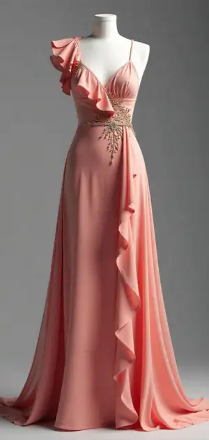 Elegant peach maxi dress with ruffle details and gold embellishment at the waist