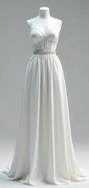 White maxi dress with a structured bodice, thin straps, and a beaded waist.