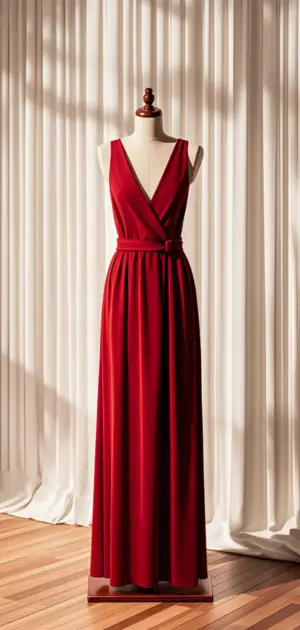 A sleeveless solid red maxi dress with ruching detail.