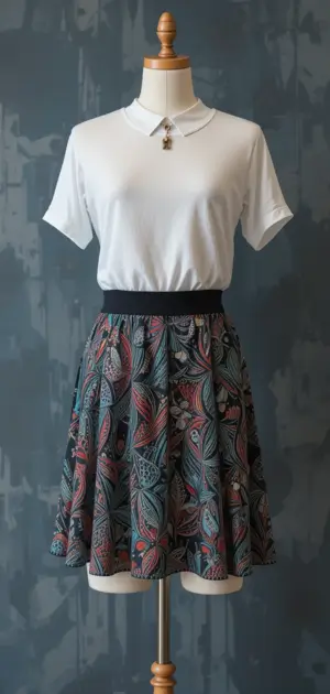 A white blouse paired with a colorful patterned athletic skirt.