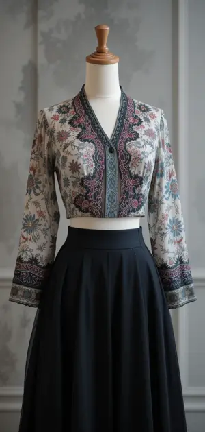 Light floral embroidered crop top with a black skirt on display.