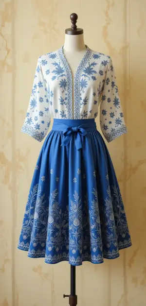 Mannequin is wearing a blue skirt, white floral embroidery, and a matching blouse.