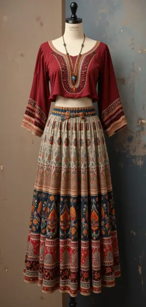 A long bohemian skirt with a rich color palette and detailed design.