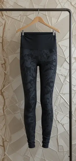 Black floral-patterned leggings on a hanger against a textured backdrop.