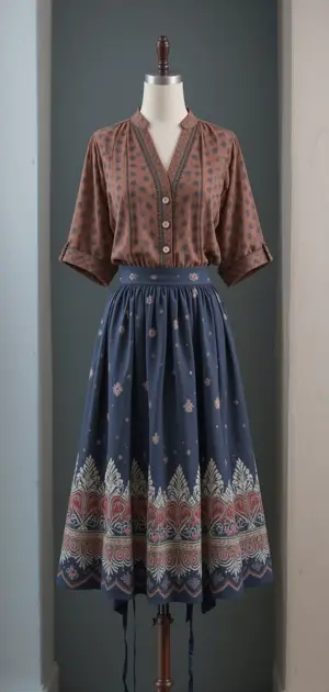 Brown blouse with navy patterned cotton skirt featuring fine detailing.