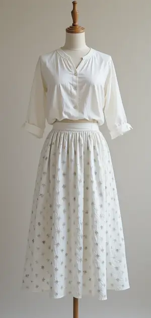 Linen skirt styled with a minimal blouse for a relaxed look.