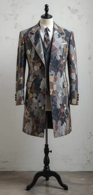 Grey coat with artistic abstract design, tailored fit, and classic lapels.
