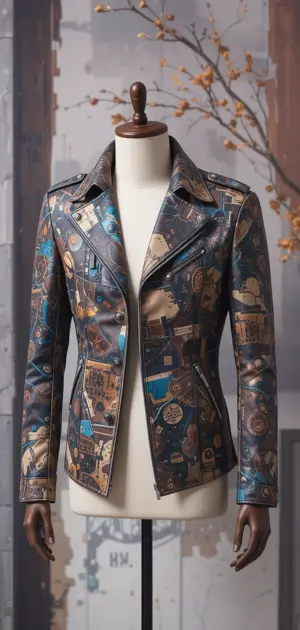 A fitted biker-style jacket with a vintage-inspired print and abstract designs.