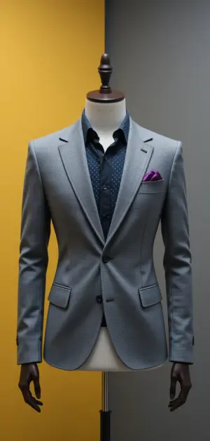 Slim-fit grey blazer with a navy polka-dot shirt and a pop of purple.