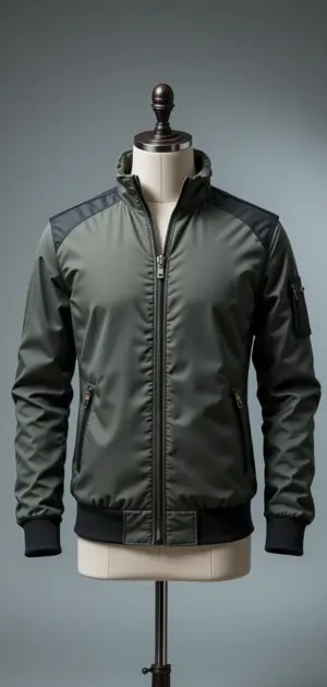 Olive green athletic jacket with black accents and zip pockets.