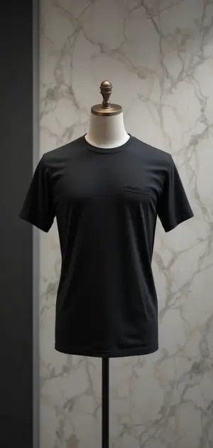 Black t-shirt on a mannequin with a plain, minimalistic design.