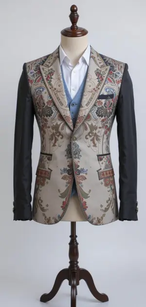 Beige and black bohemian blazer with detailed tapestry-style patterns.