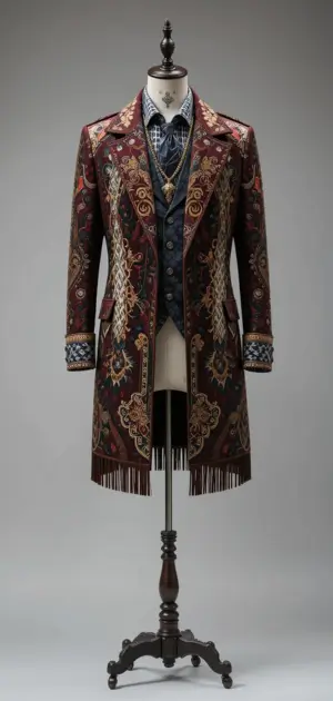 Maroon embroidered coat with gold accents and fringe hem.