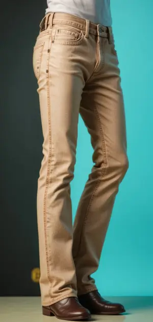 Slim-fit beige bootcut jeans with visible stitching and a modern cut.