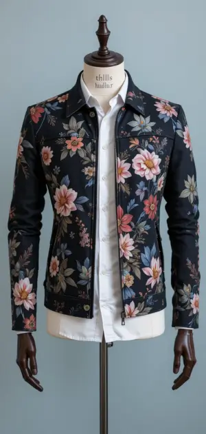 Black floral jacket with intricate pink and blue patterns.